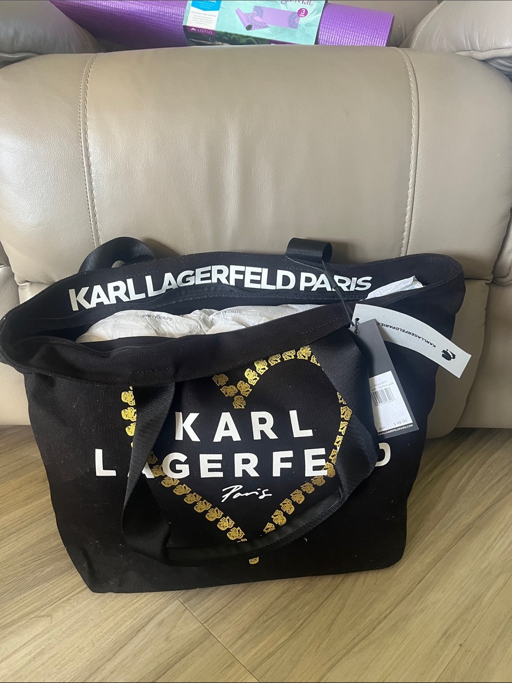 Karl Lagerfeld Black Tote with White Logo and Gold Heart Print - Picture 2 of 3